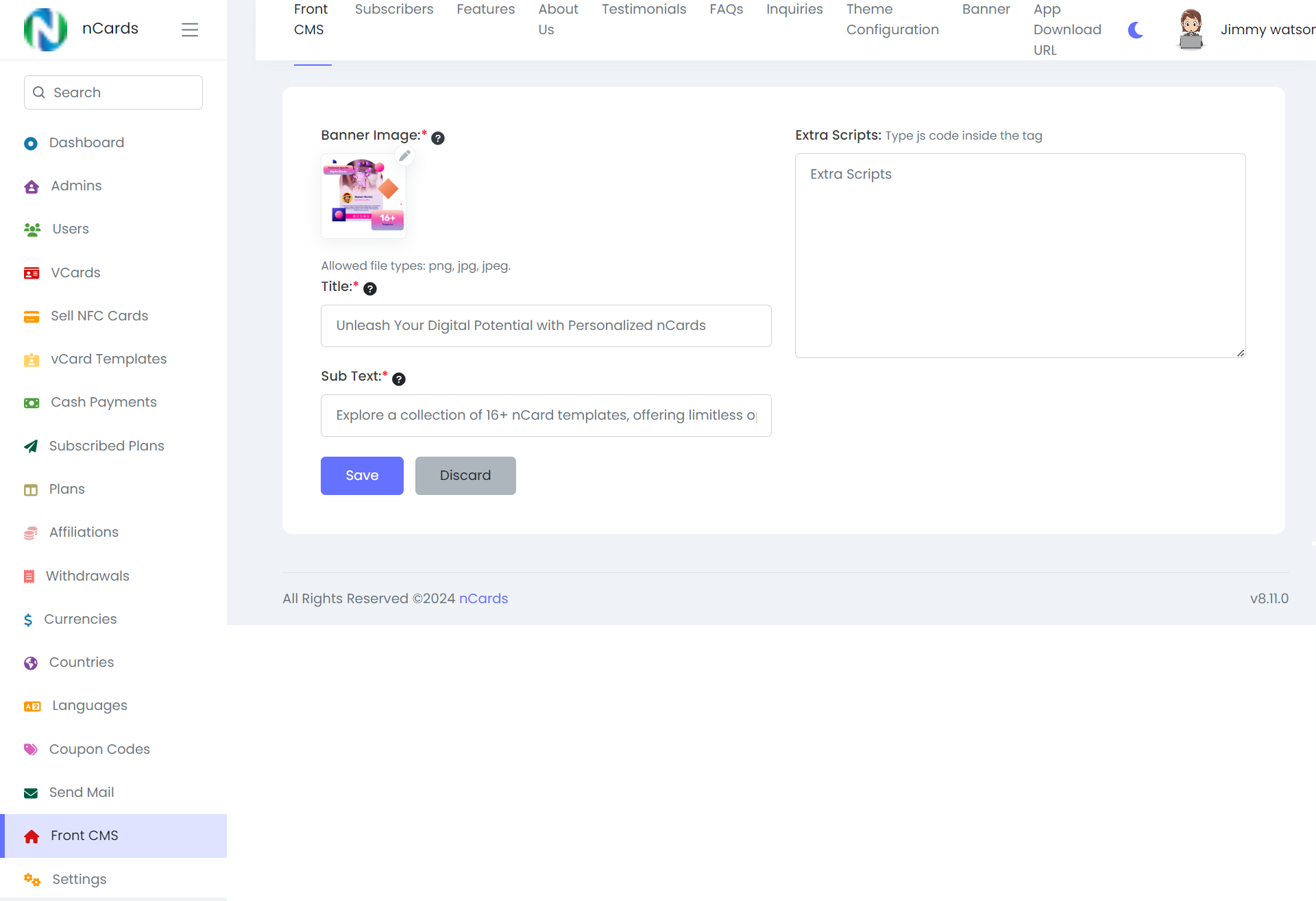 Digital business card — subadmin panel — Front CMS Setting